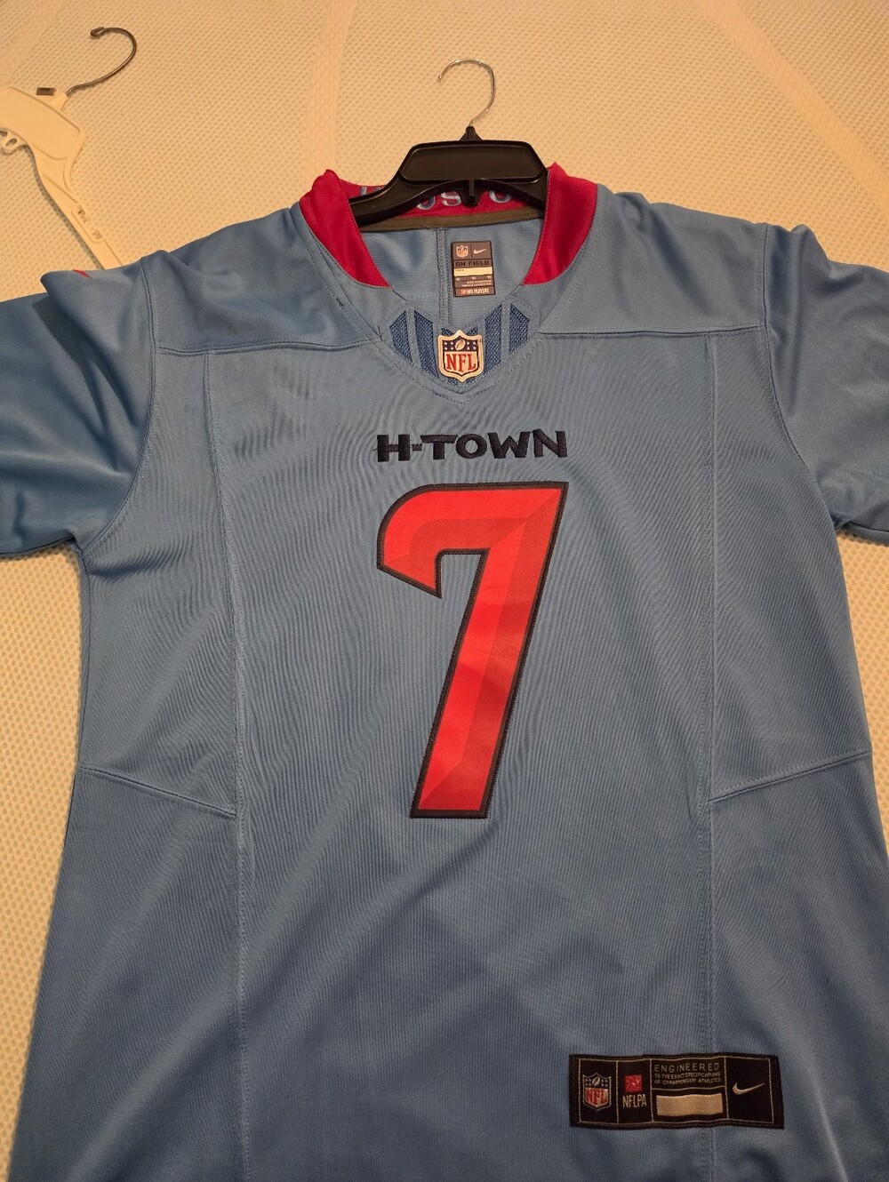 Houston Texans CJ Stroud Jersey Light Blue NFL Jersey with Red Number 7